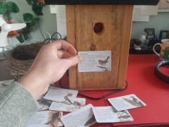 Mit diesem elektronischen Vogelkasten (Marke: Eigenbau) ist es möglich, die Stimmen beheimateter Vogelarten per NFC (drahtloser Datenaustausch) abzuspielen und somit zu lernen - dafür gibt es einen Lern- und einen Abfragemodus(: